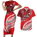Personalised Dolphins Couples Matching Short Sleeve Bodycon Dress and Hawaiian Shirt Polynesian Tribal Art Style With Muscular Dolphin Mascot