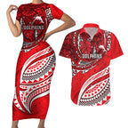 Personalised Dolphins Couples Matching Short Sleeve Bodycon Dress and Hawaiian Shirt Polynesian Tribal Art Style With Muscular Dolphin Mascot