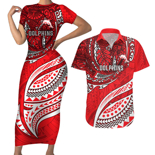 Personalised Dolphins Couples Matching Short Sleeve Bodycon Dress and Hawaiian Shirt Polynesian Tribal Art Style With Muscular Dolphin Mascot