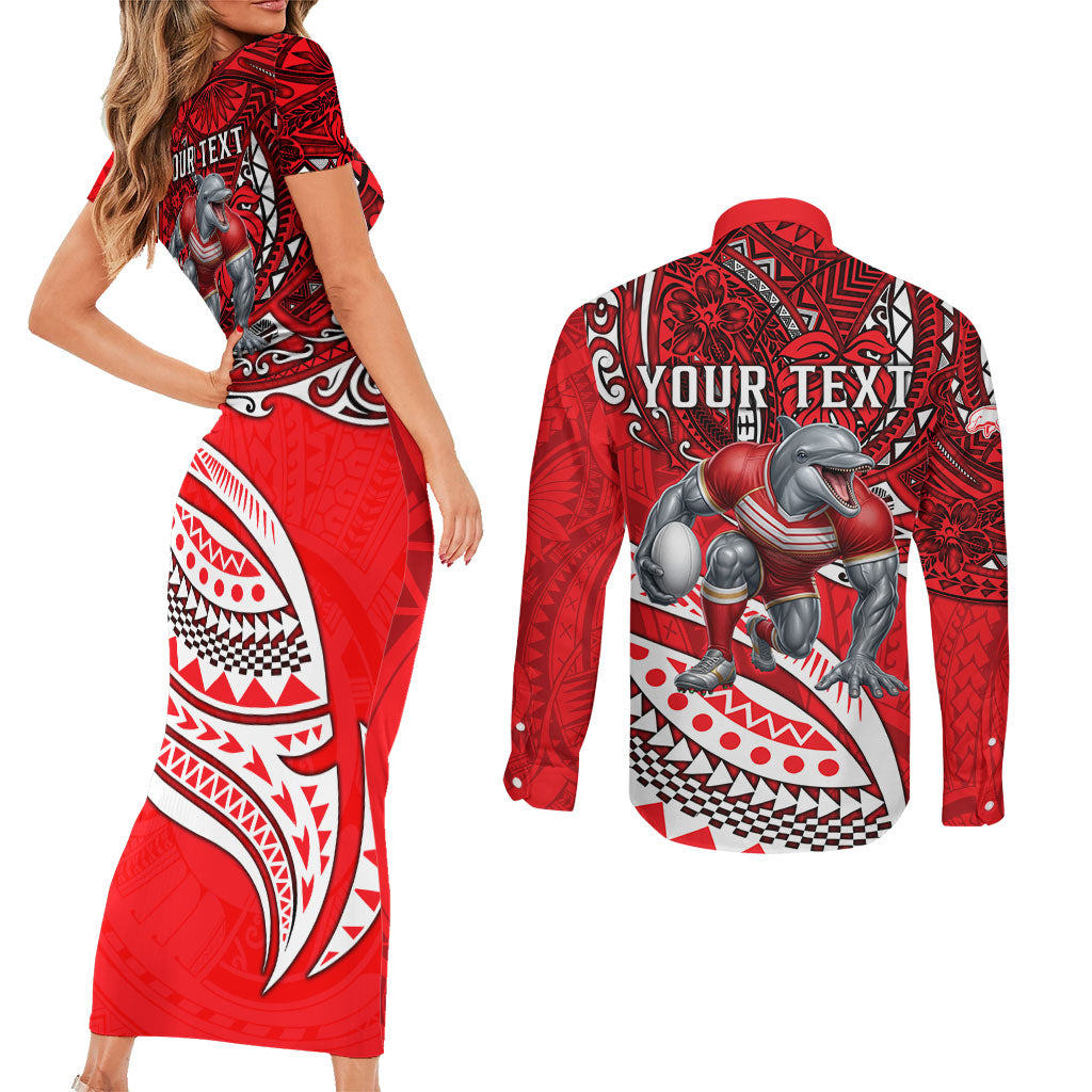 Personalised Dolphins Couples Matching Short Sleeve Bodycon Dress and Long Sleeve Button Shirt Polynesian Tribal Art Style With Muscular Dolphin Mascot