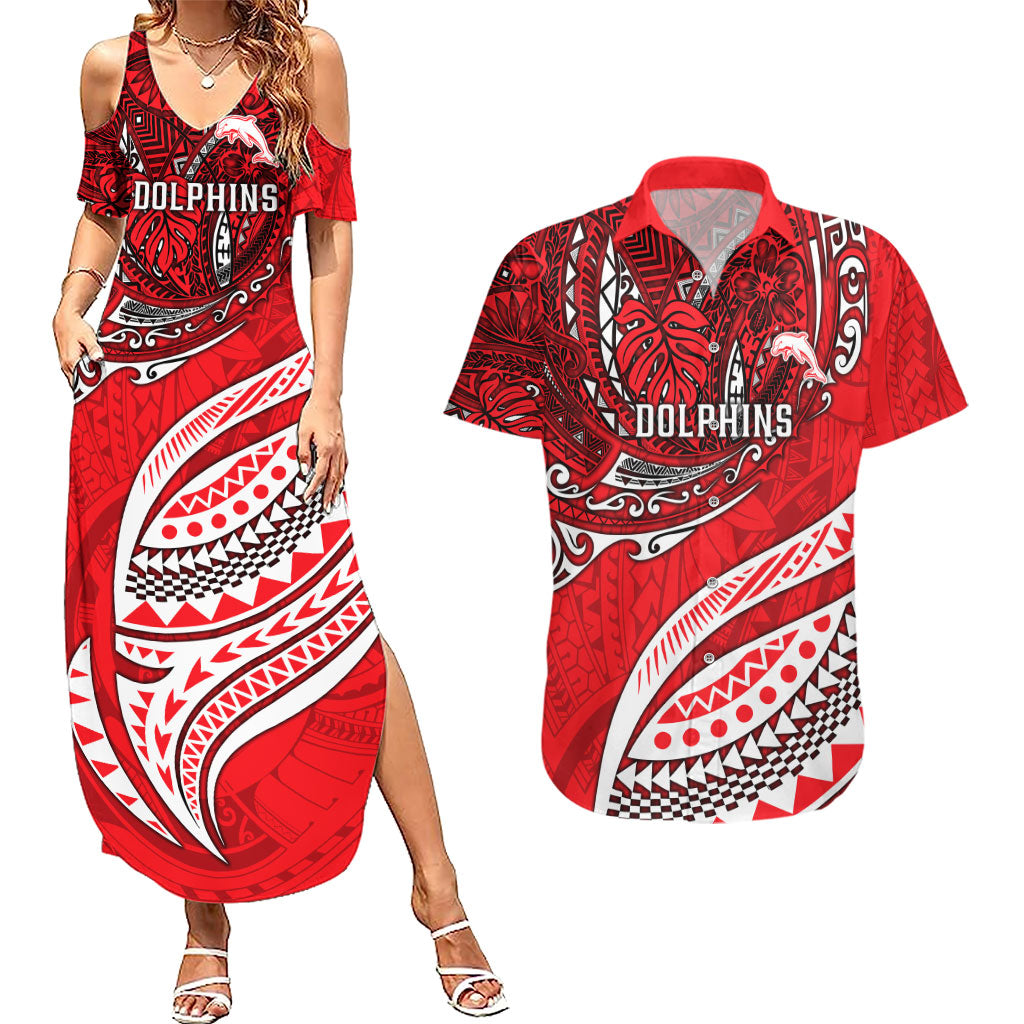 Personalised Dolphins Couples Matching Summer Maxi Dress and Hawaiian Shirt Polynesian Tribal Art Style With Muscular Dolphin Mascot