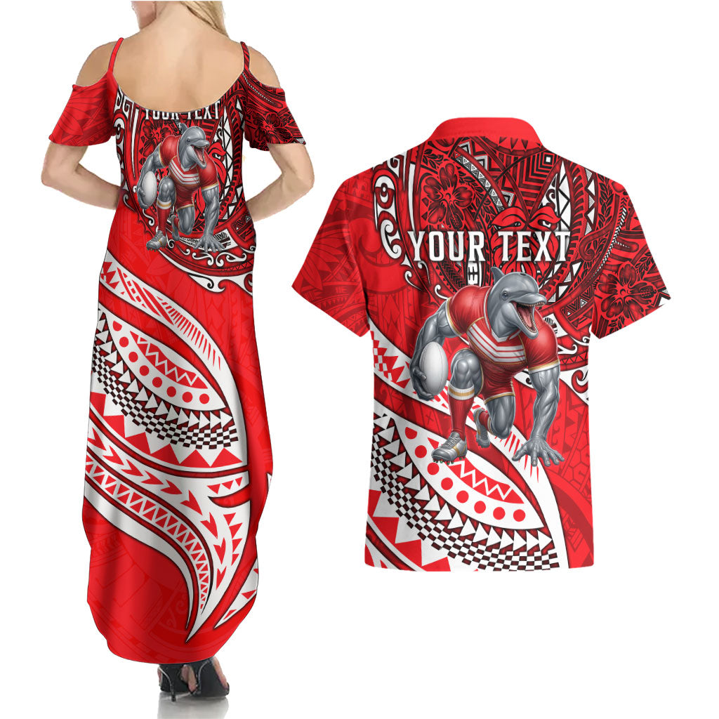 Personalised Dolphins Couples Matching Summer Maxi Dress and Hawaiian Shirt Polynesian Tribal Art Style With Muscular Dolphin Mascot