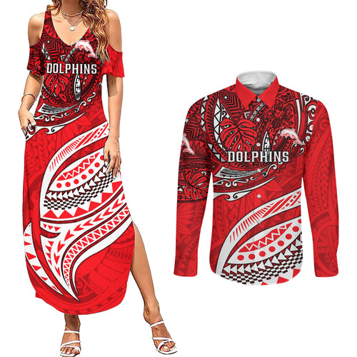 Personalised Dolphins Couples Matching Summer Maxi Dress and Long Sleeve Button Shirt Polynesian Tribal Art Style With Muscular Dolphin Mascot