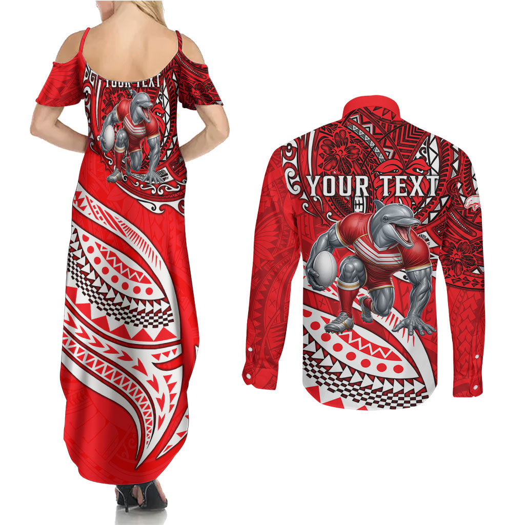 Personalised Dolphins Couples Matching Summer Maxi Dress and Long Sleeve Button Shirt Polynesian Tribal Art Style With Muscular Dolphin Mascot