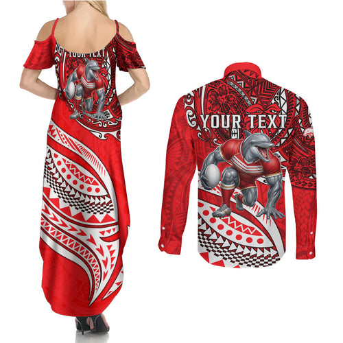 Personalised Dolphins Couples Matching Summer Maxi Dress and Long Sleeve Button Shirt Polynesian Tribal Art Style With Muscular Dolphin Mascot
