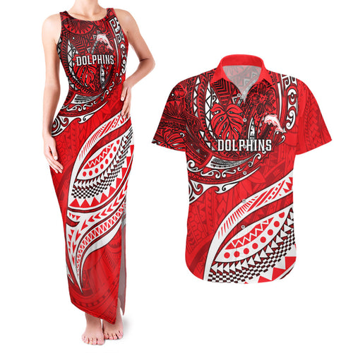 Personalised Dolphins Couples Matching Tank Maxi Dress and Hawaiian Shirt Polynesian Tribal Art Style With Muscular Dolphin Mascot