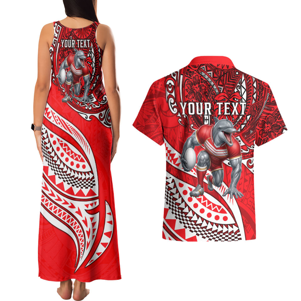 Personalised Dolphins Couples Matching Tank Maxi Dress and Hawaiian Shirt Polynesian Tribal Art Style With Muscular Dolphin Mascot