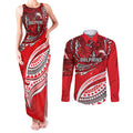 Personalised Dolphins Couples Matching Tank Maxi Dress and Long Sleeve Button Shirt Polynesian Tribal Art Style With Muscular Dolphin Mascot