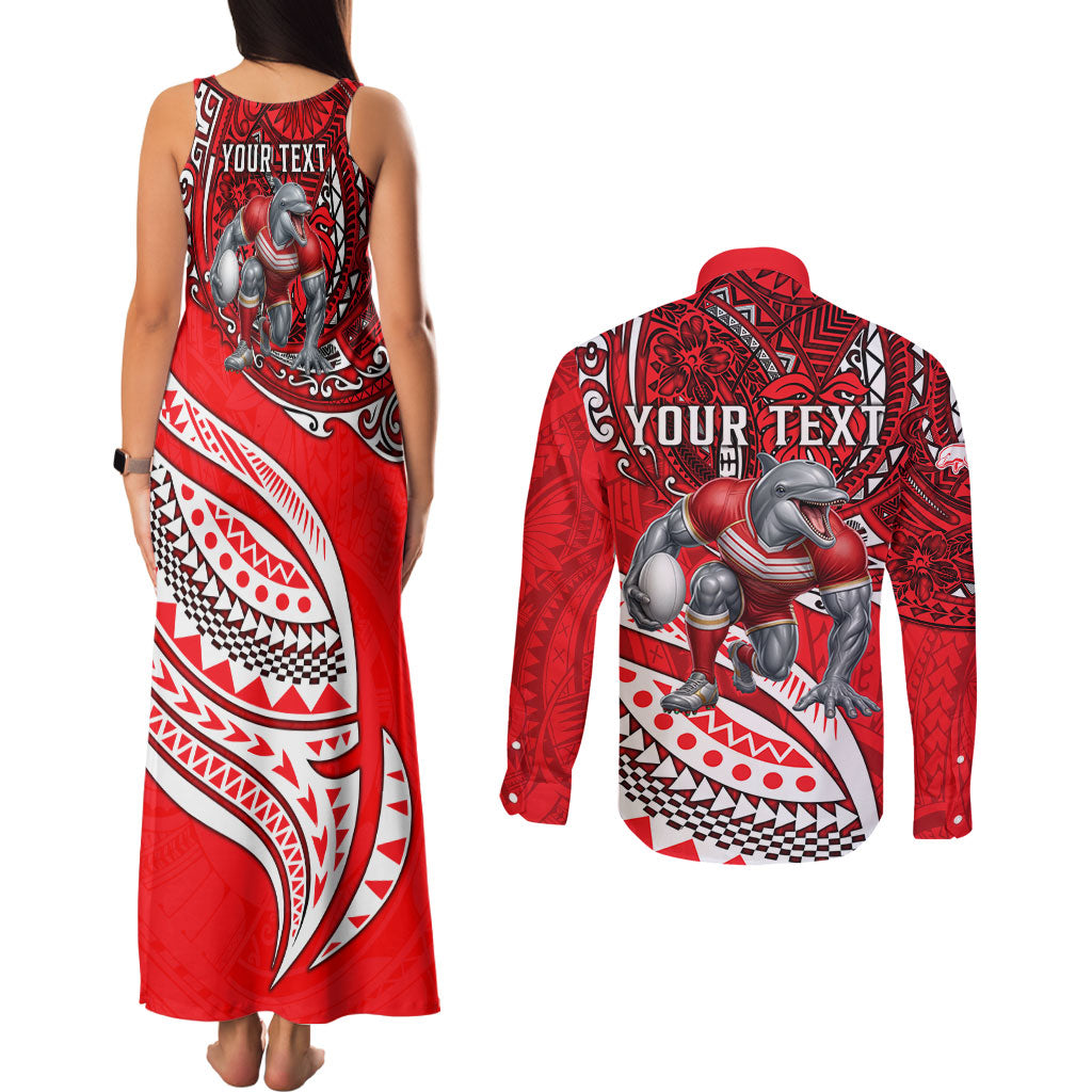 Personalised Dolphins Couples Matching Tank Maxi Dress and Long Sleeve Button Shirt Polynesian Tribal Art Style With Muscular Dolphin Mascot