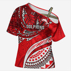 Personalised Dolphins Cross Shoulder Shirt Polynesian Tribal Art Style With Muscular Dolphin Mascot