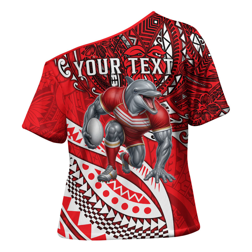 Personalised Dolphins Cross Shoulder Shirt Polynesian Tribal Art Style With Muscular Dolphin Mascot