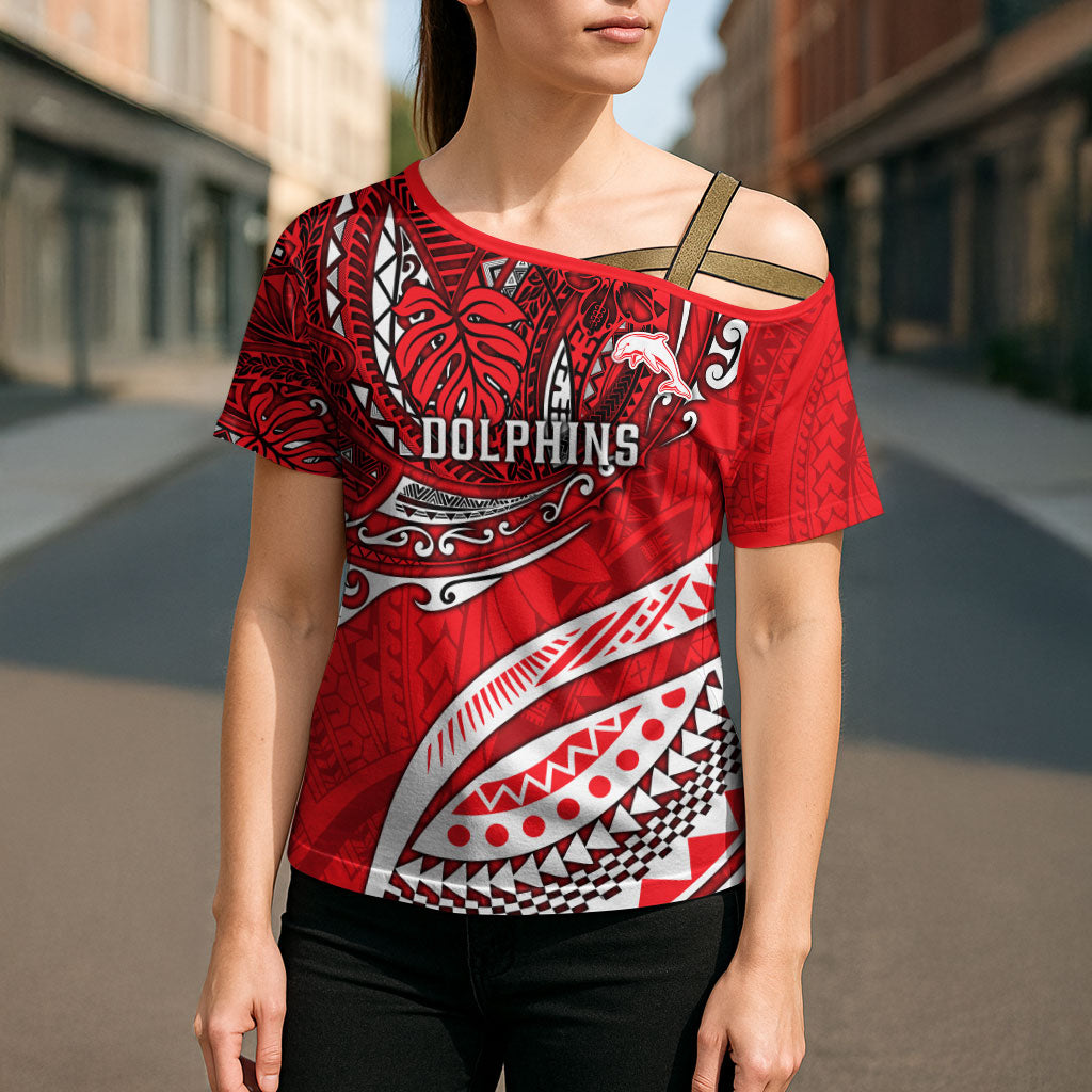 Personalised Dolphins Cross Shoulder Shirt Polynesian Tribal Art Style With Muscular Dolphin Mascot