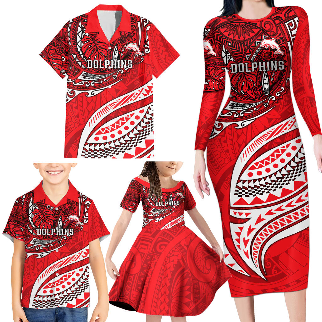 Personalised Dolphins Family Matching Long Sleeve Bodycon Dress and Hawaiian Shirt Polynesian Tribal Art Style With Muscular Dolphin Mascot