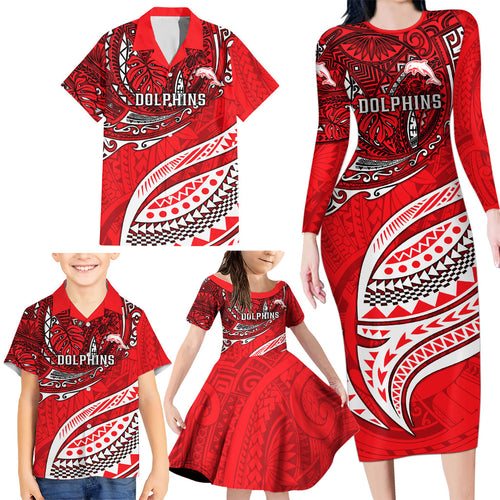 Personalised Dolphins Family Matching Long Sleeve Bodycon Dress and Hawaiian Shirt Polynesian Tribal Art Style With Muscular Dolphin Mascot