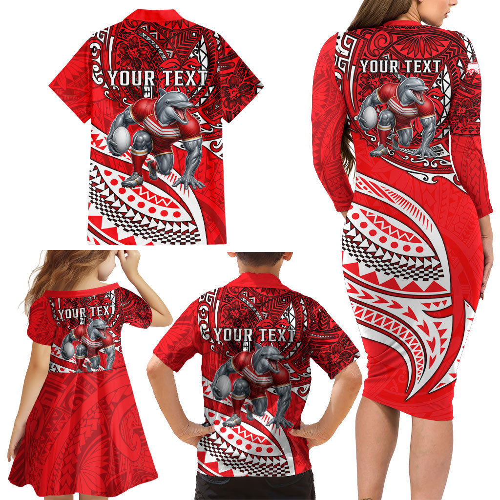 Personalised Dolphins Family Matching Long Sleeve Bodycon Dress and Hawaiian Shirt Polynesian Tribal Art Style With Muscular Dolphin Mascot