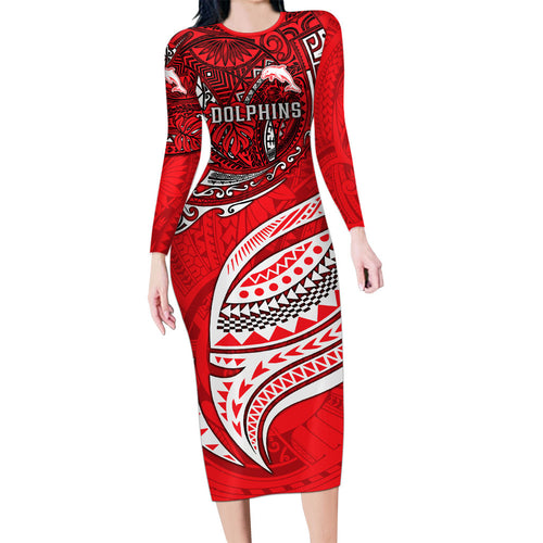 Personalised Dolphins Family Matching Long Sleeve Bodycon Dress and Hawaiian Shirt Polynesian Tribal Art Style With Muscular Dolphin Mascot