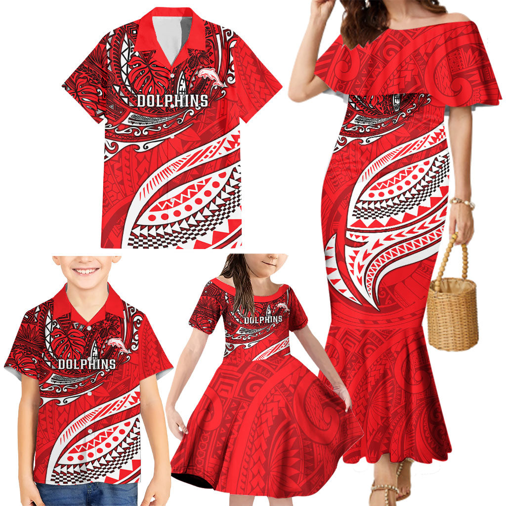 Personalised Dolphins Family Matching Mermaid Dress and Hawaiian Shirt Polynesian Tribal Art Style With Muscular Dolphin Mascot