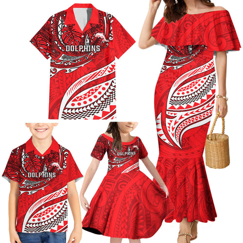 Personalised Dolphins Family Matching Mermaid Dress and Hawaiian Shirt Polynesian Tribal Art Style With Muscular Dolphin Mascot