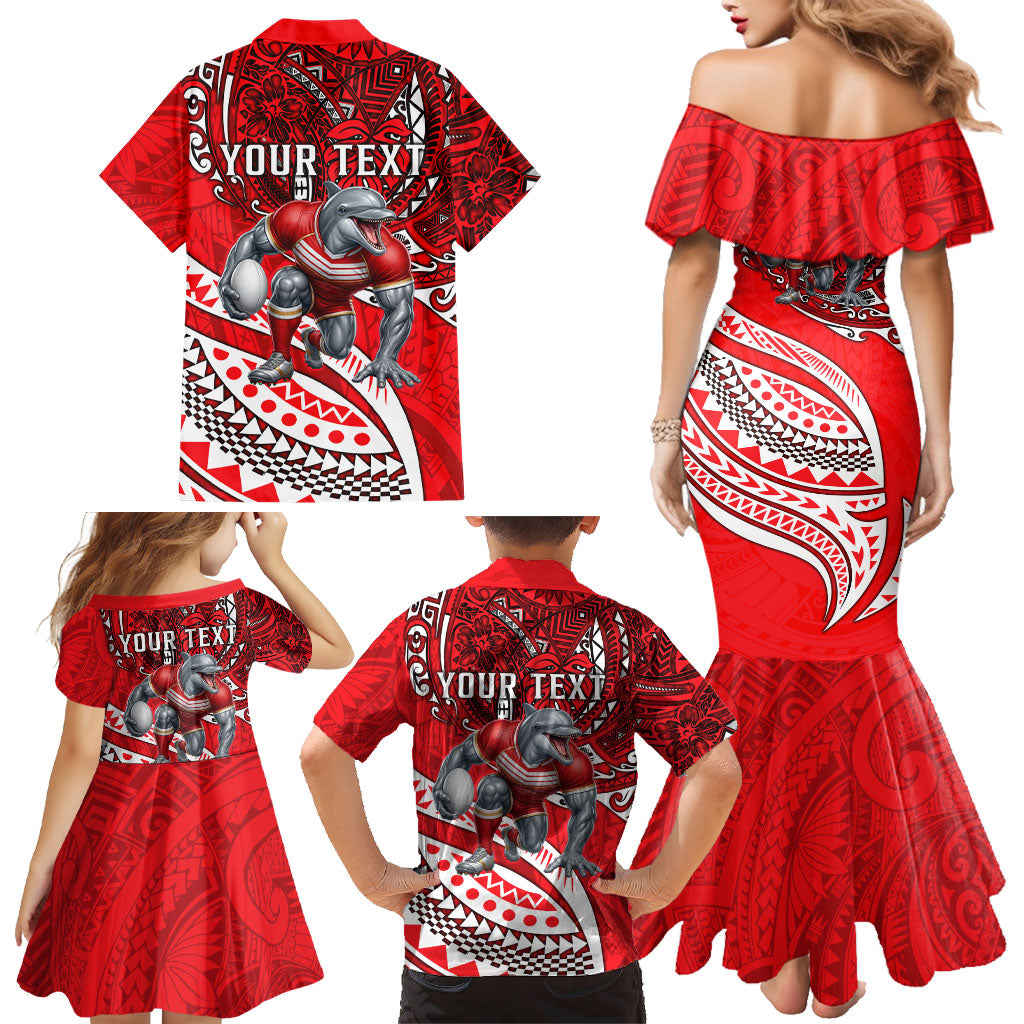 Personalised Dolphins Family Matching Mermaid Dress and Hawaiian Shirt Polynesian Tribal Art Style With Muscular Dolphin Mascot