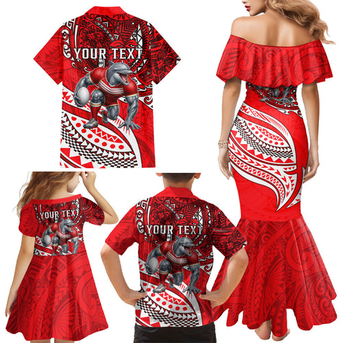Personalised Dolphins Family Matching Mermaid Dress and Hawaiian Shirt Polynesian Tribal Art Style With Muscular Dolphin Mascot