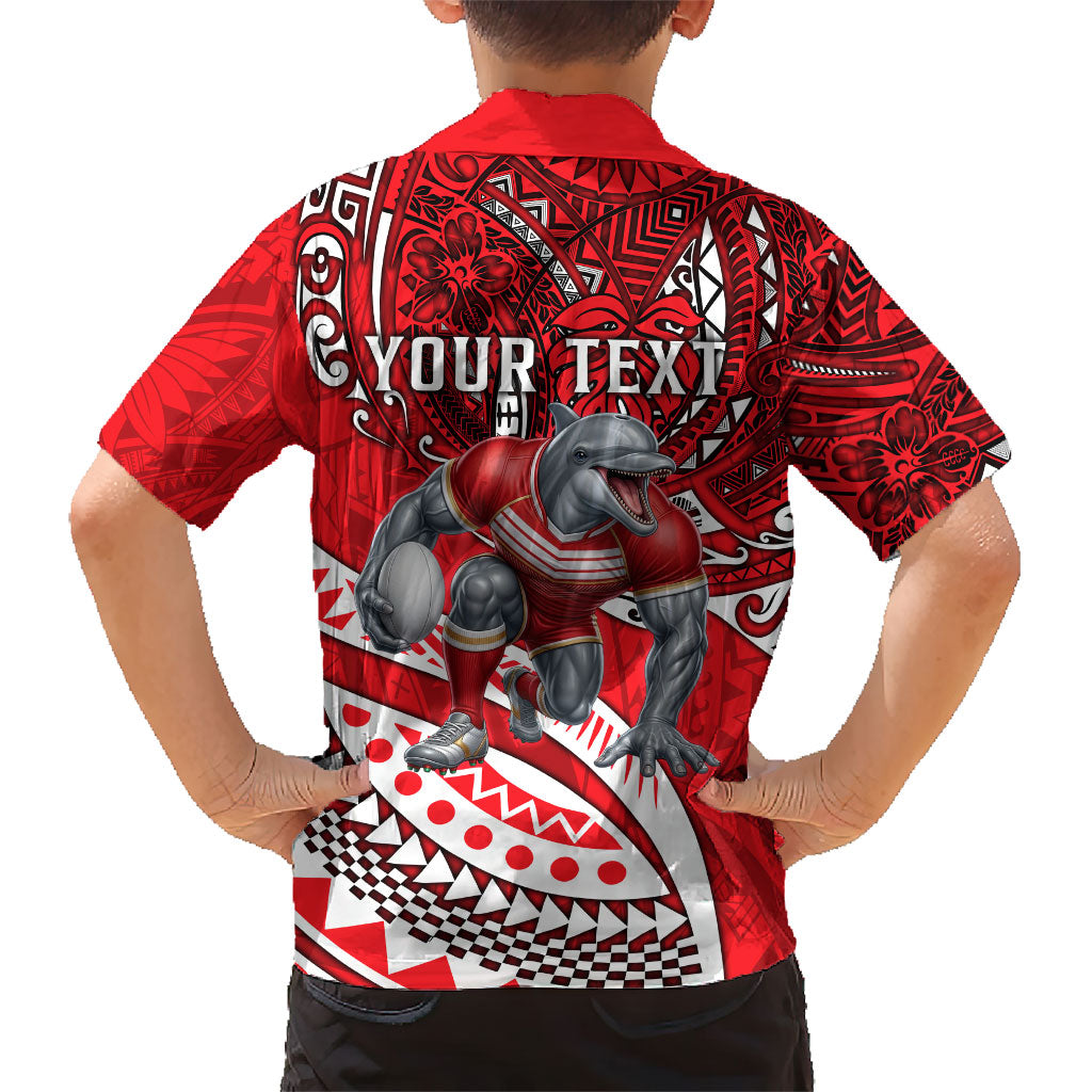 Personalised Dolphins Family Matching Off The Shoulder Long Sleeve Dress and Hawaiian Shirt Polynesian Tribal Art Style With Muscular Dolphin Mascot