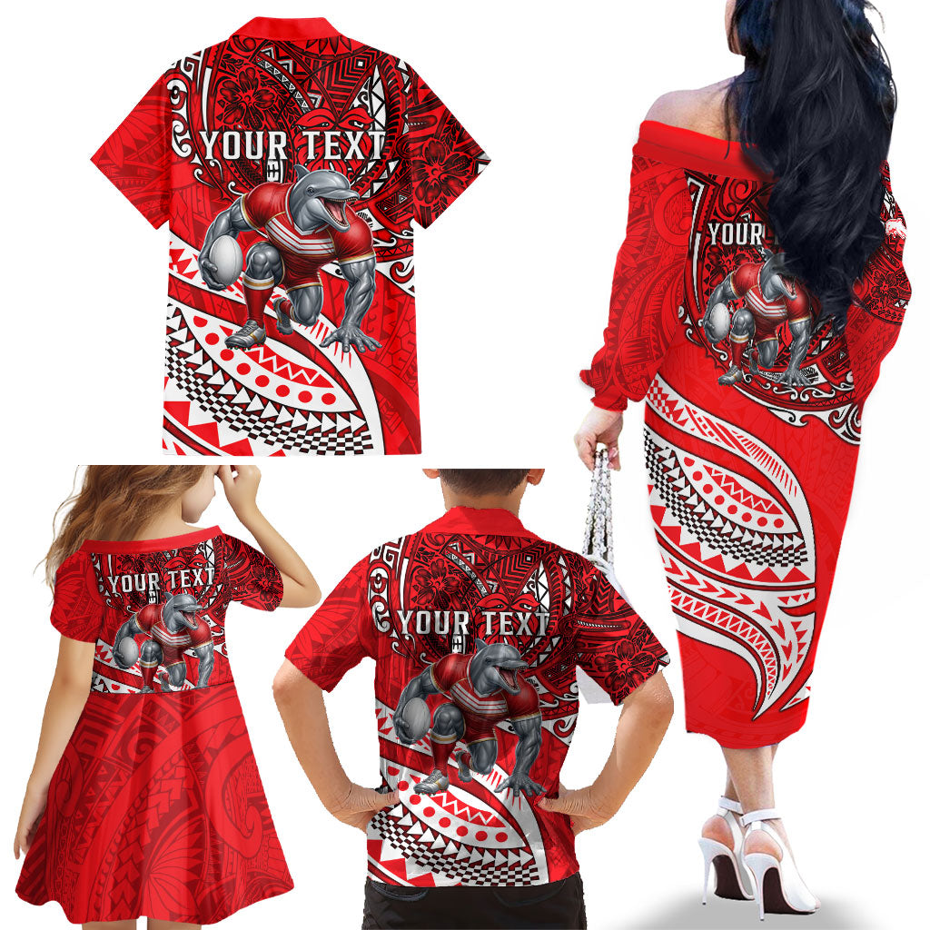 Personalised Dolphins Family Matching Off The Shoulder Long Sleeve Dress and Hawaiian Shirt Polynesian Tribal Art Style With Muscular Dolphin Mascot