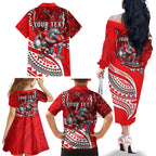 Personalised Dolphins Family Matching Off The Shoulder Long Sleeve Dress and Hawaiian Shirt Polynesian Tribal Art Style With Muscular Dolphin Mascot