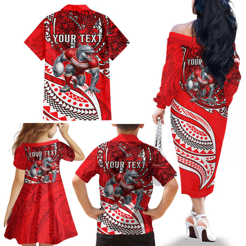 Personalised Dolphins Family Matching Off The Shoulder Long Sleeve Dress and Hawaiian Shirt Polynesian Tribal Art Style With Muscular Dolphin Mascot