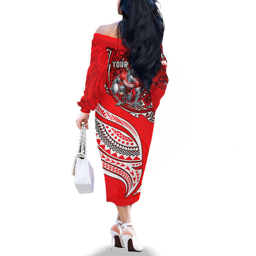 Personalised Dolphins Family Matching Off The Shoulder Long Sleeve Dress and Hawaiian Shirt Polynesian Tribal Art Style With Muscular Dolphin Mascot