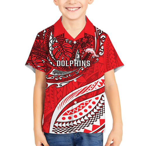 Personalised Dolphins Family Matching Off The Shoulder Long Sleeve Dress and Hawaiian Shirt Polynesian Tribal Art Style With Muscular Dolphin Mascot