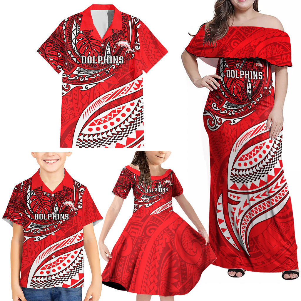 Personalised Dolphins Family Matching Off Shoulder Maxi Dress and Hawaiian Shirt Polynesian Tribal Art Style With Muscular Dolphin Mascot