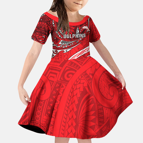 Personalised Dolphins Family Matching Off Shoulder Maxi Dress and Hawaiian Shirt Polynesian Tribal Art Style With Muscular Dolphin Mascot