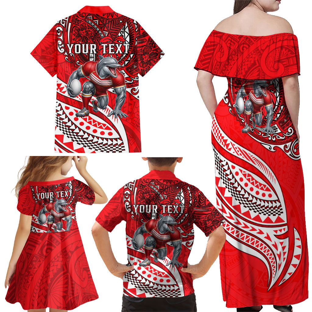 Personalised Dolphins Family Matching Off Shoulder Maxi Dress and Hawaiian Shirt Polynesian Tribal Art Style With Muscular Dolphin Mascot