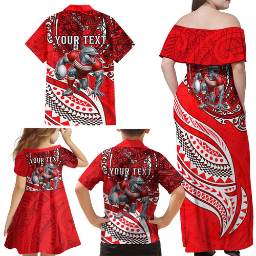 Personalised Dolphins Family Matching Off Shoulder Maxi Dress and Hawaiian Shirt Polynesian Tribal Art Style With Muscular Dolphin Mascot