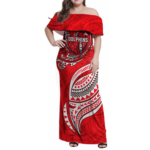 Personalised Dolphins Family Matching Off Shoulder Maxi Dress and Hawaiian Shirt Polynesian Tribal Art Style With Muscular Dolphin Mascot