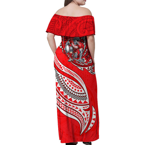Personalised Dolphins Family Matching Off Shoulder Maxi Dress and Hawaiian Shirt Polynesian Tribal Art Style With Muscular Dolphin Mascot