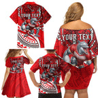 Personalised Dolphins Family Matching Off Shoulder Short Dress and Hawaiian Shirt Polynesian Tribal Art Style With Muscular Dolphin Mascot