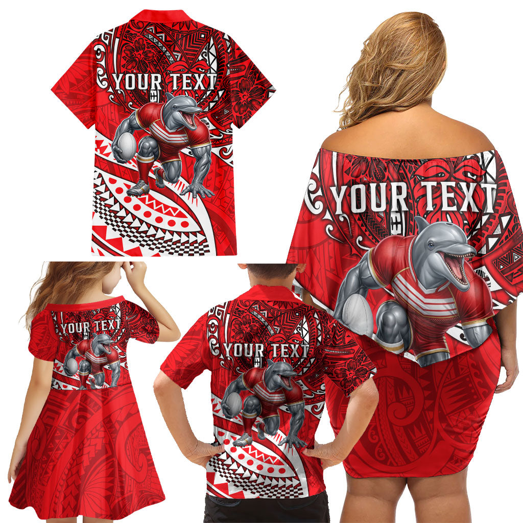 Personalised Dolphins Family Matching Off Shoulder Short Dress and Hawaiian Shirt Polynesian Tribal Art Style With Muscular Dolphin Mascot