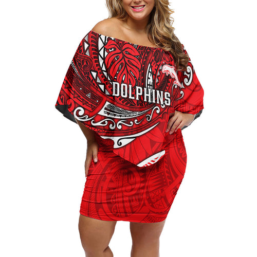 Personalised Dolphins Family Matching Off Shoulder Short Dress and Hawaiian Shirt Polynesian Tribal Art Style With Muscular Dolphin Mascot
