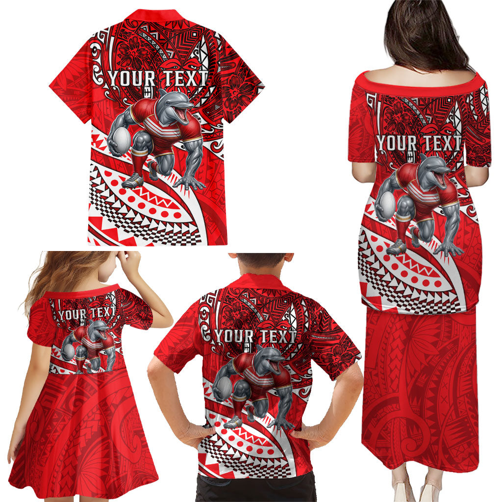 Personalised Dolphins Family Matching Puletasi and Hawaiian Shirt Polynesian Tribal Art Style With Muscular Dolphin Mascot