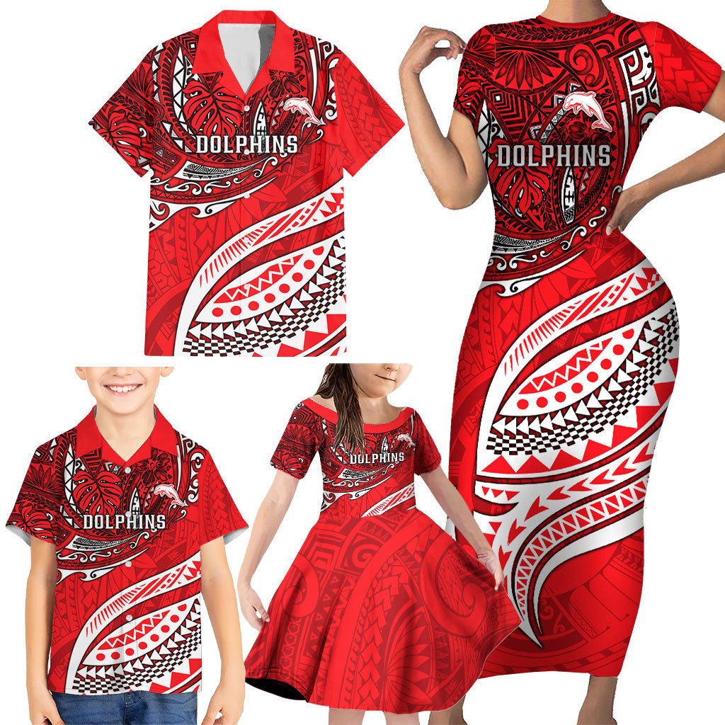 Personalised Dolphins Family Matching Short Sleeve Bodycon Dress and Hawaiian Shirt Polynesian Tribal Art Style With Muscular Dolphin Mascot
