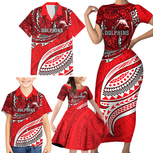 Personalised Dolphins Family Matching Short Sleeve Bodycon Dress and Hawaiian Shirt Polynesian Tribal Art Style With Muscular Dolphin Mascot