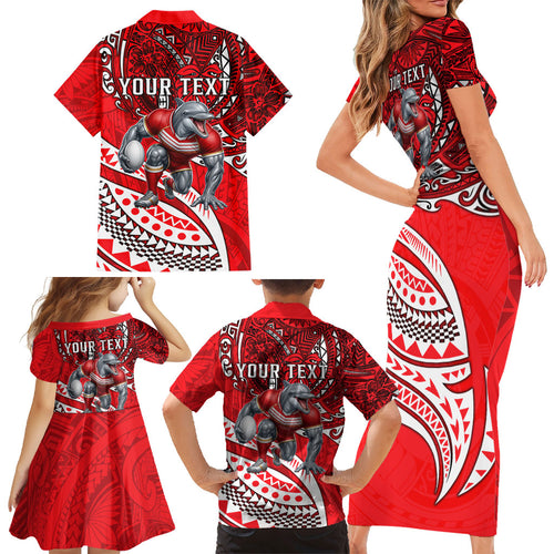 Personalised Dolphins Family Matching Short Sleeve Bodycon Dress and Hawaiian Shirt Polynesian Tribal Art Style With Muscular Dolphin Mascot