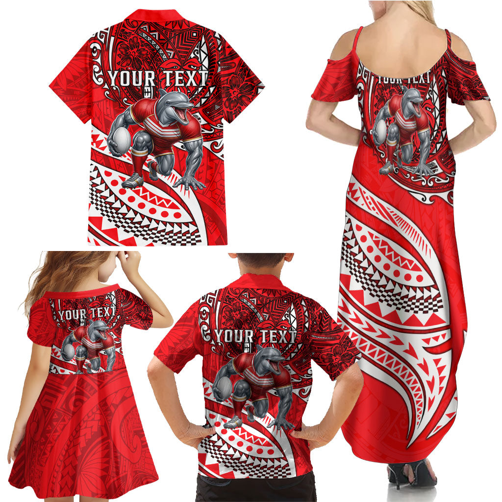 Personalised Dolphins Family Matching Summer Maxi Dress and Hawaiian Shirt Polynesian Tribal Art Style With Muscular Dolphin Mascot