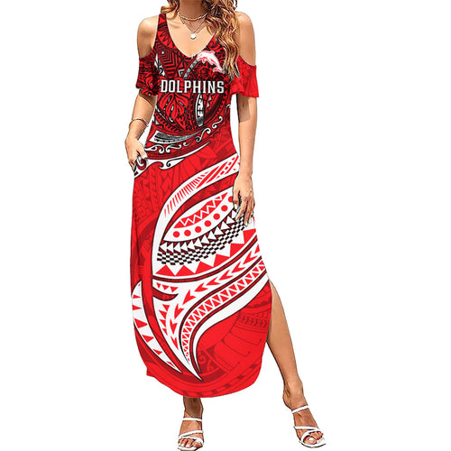 Personalised Dolphins Family Matching Summer Maxi Dress and Hawaiian Shirt Polynesian Tribal Art Style With Muscular Dolphin Mascot
