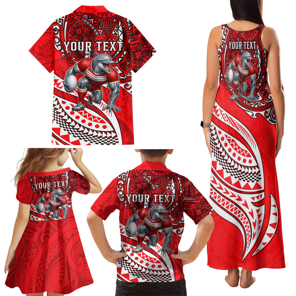 Personalised Dolphins Family Matching Tank Maxi Dress and Hawaiian Shirt Polynesian Tribal Art Style With Muscular Dolphin Mascot