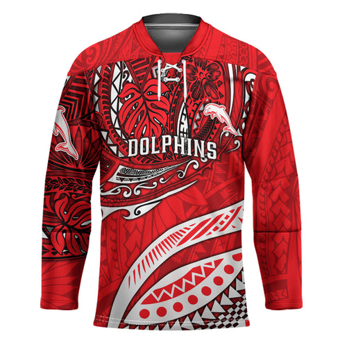 Personalised Dolphins Hockey Jersey Polynesian Tribal Art Style With Muscular Dolphin Mascot