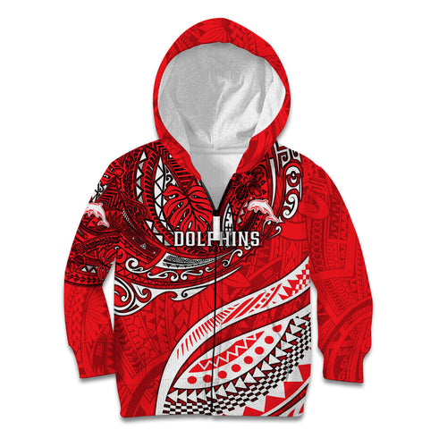 Personalised Dolphins Kid Hoodie Polynesian Tribal Art Style With Muscular Dolphin Mascot