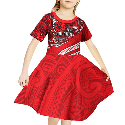 Personalised Dolphins Kid Short Sleeve Dress Polynesian Tribal Art Style With Muscular Dolphin Mascot
