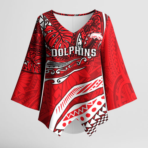 Personalised Dolphins Kimono Sleeve Blouse Polynesian Tribal Art Style With Muscular Dolphin Mascot